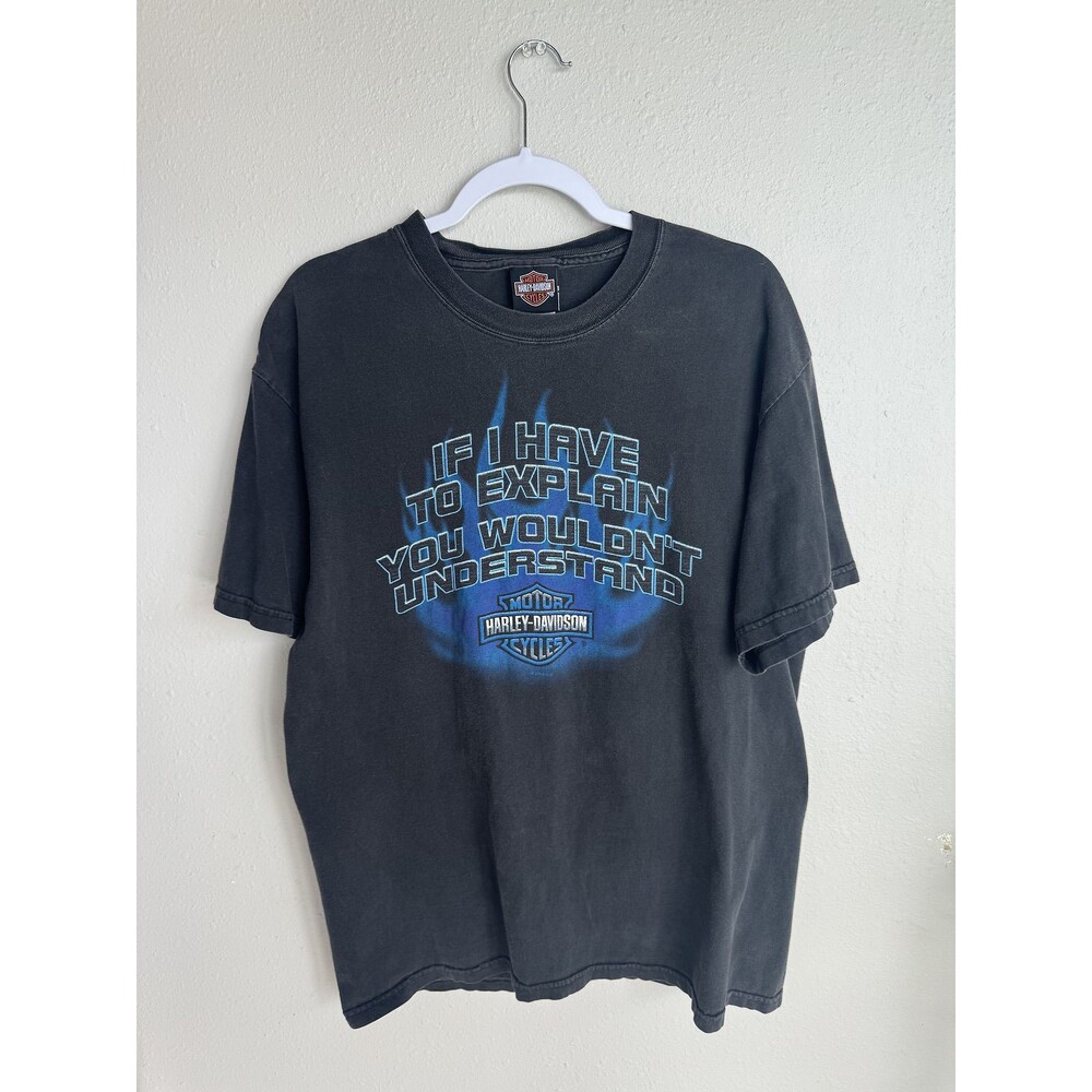 Vintage Harley Davidson Blue Flame T-Shirt Large Black Cotton Texas Biker Tee
